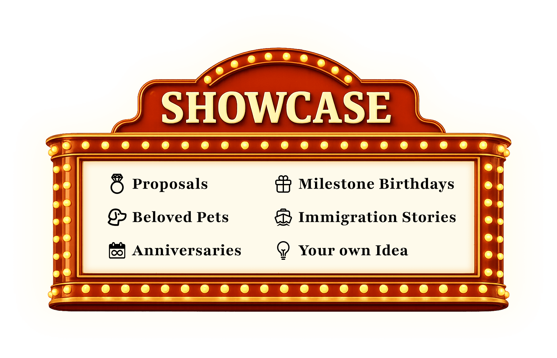 Showcase: Proposals, milestone birthdays, beloved pets, immigration stories, anniversaries, and your own idea